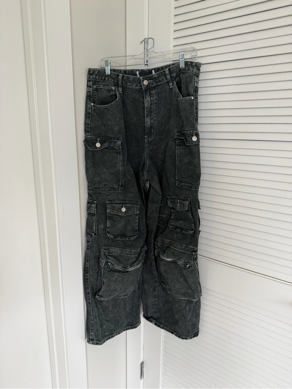 Black Washed Cargo Jeans - Multi-Pocket Utility Style